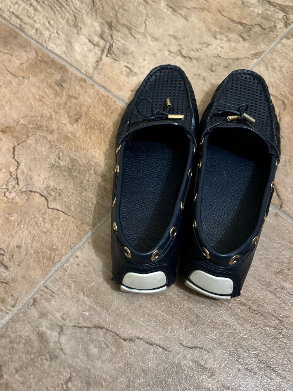 Tory Burch Black Perforated Leather Driving Loafers with Gold Accents